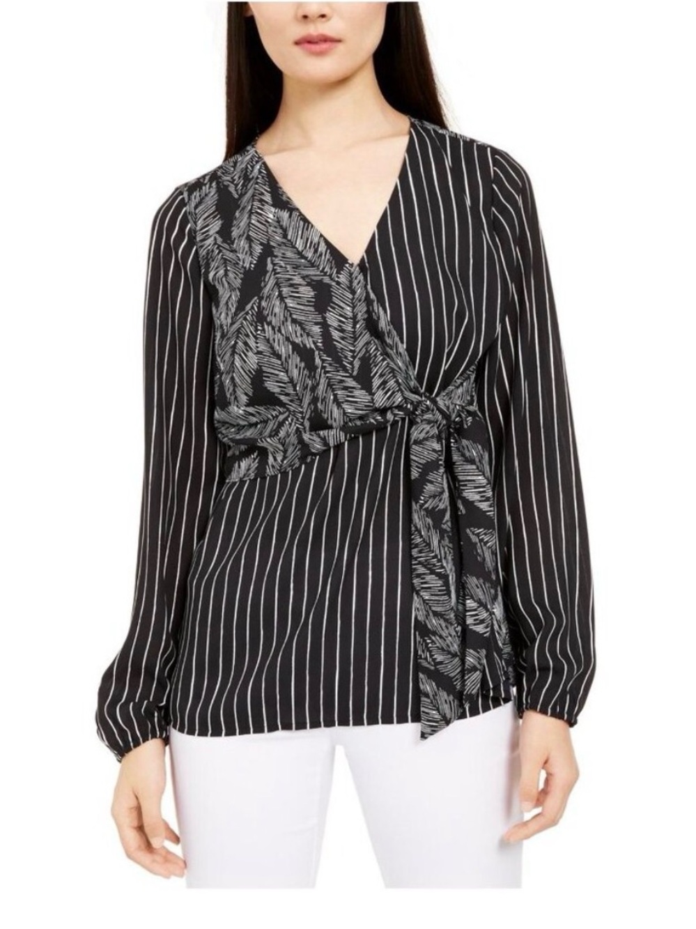 Alfani Black Pinstripe Wrap Blouse with Leaf-Tie Detail